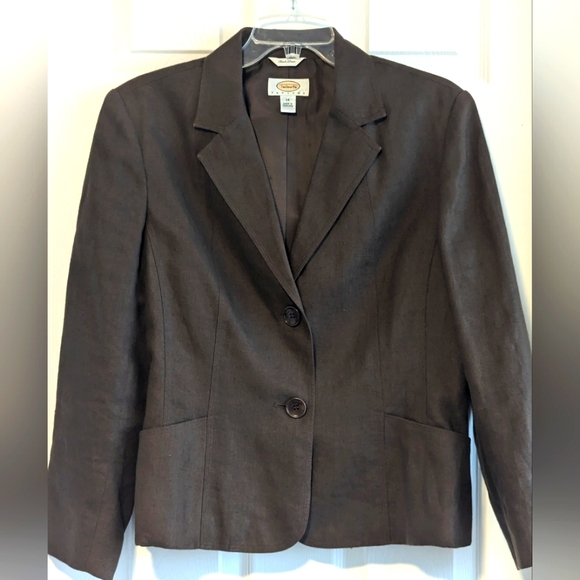Talbots Linen Women's 14P 14 Petite Brown 100% Irish Linen 2 Two Button Blazer - Picture 1 of 9